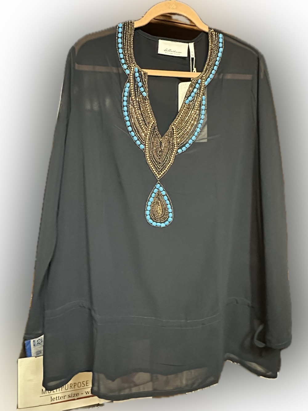 NWT LaBellum Hillary Scott sheer beaded tunic top, size XL